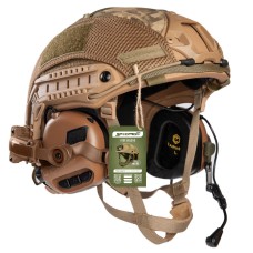 Балістичний бронешолом FAST NIJ IIIA SPECPROM в кавері з активними навушниками Earmor М32Х. Койот