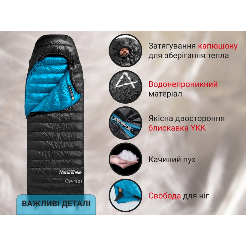 Спальник з натуральним пухом Naturehike CW400 NH18C400-D, p-р L, чорно-блакитний