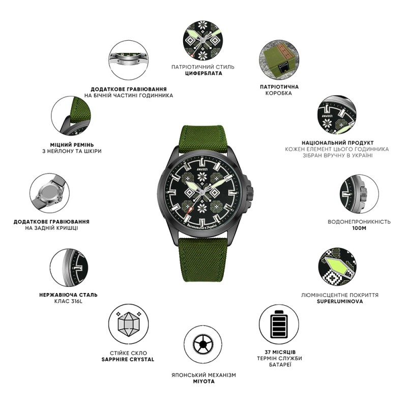 Awarder Embroidery Black-Army Green Green  Battery 10ATM
