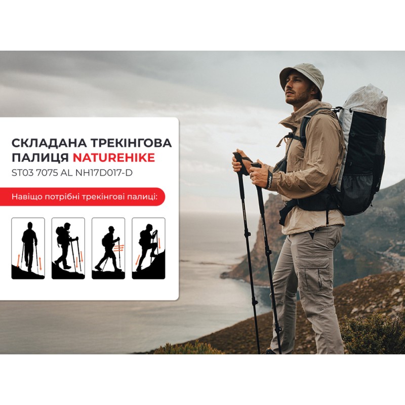 Трекінгова палиця 3-сек. Naturehike ST 03 7075 AL NH17D017-D, сірий