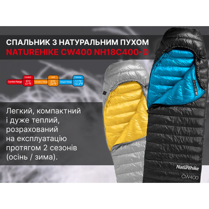 Спальник з натуральним пухом Naturehike CW400 NH18C400-D, p-р M, жовто-сірий