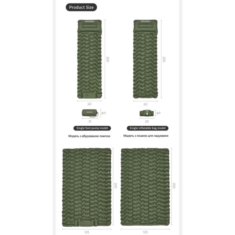 Матрац туристичний надувний одномісний  Naturehike CNK2550WS019, 200х60х6.5 см, синій із вбудованою помпою для надування