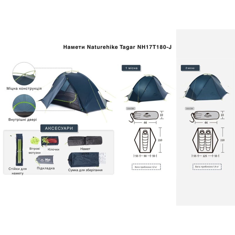 Намет двомісний Naturehike Tagar NH17T180-J, темний зелений