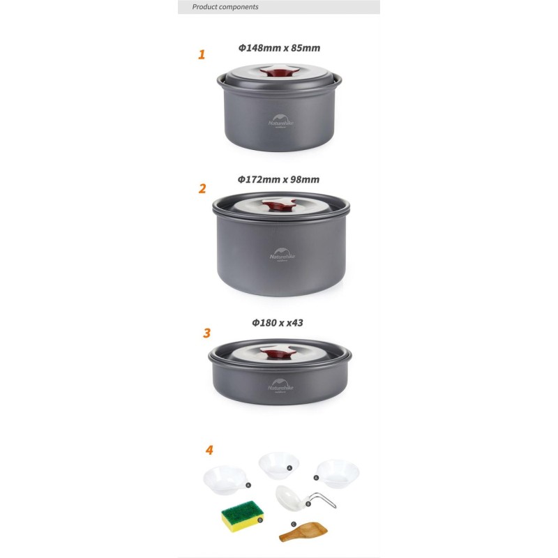 Набір посуду Naturehike 3-4 NH (2 каструлі+ кришки+сковорода) NH15T203-G Grey