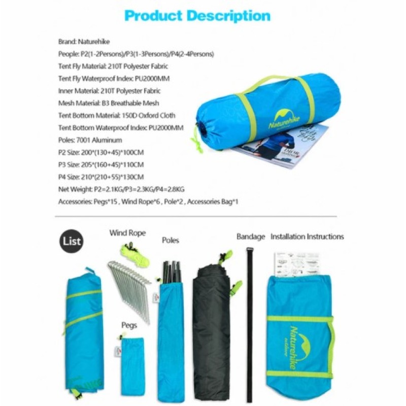 Намет Naturehike P-Series II (2-х місний) 210T 65D polyester Graphic NH18Z022-P Forest Green
